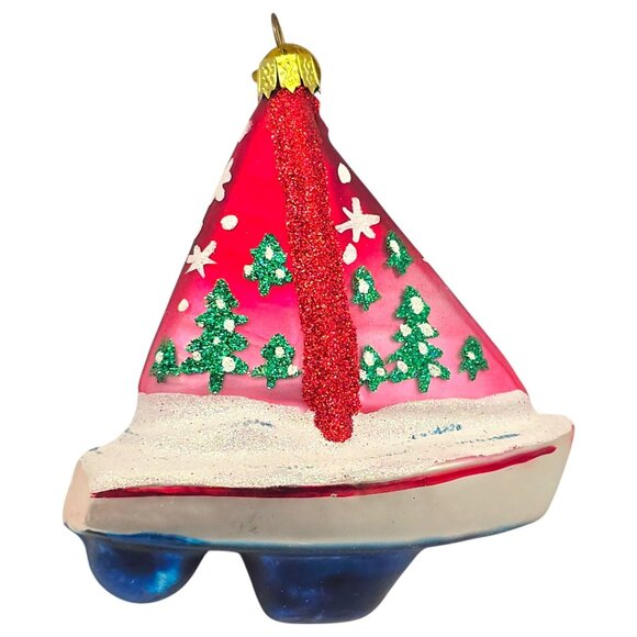 KSA Kurt Adler Sailboat Christmas Ornament Red White Glitter Accents Blown Glass - Picture 1 of 7